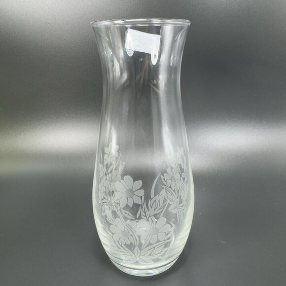 Vintage Pasabahce Etched Glass Vase Clear Floral Pattern With Sticker Turkey VTG - Picture 10 of 11